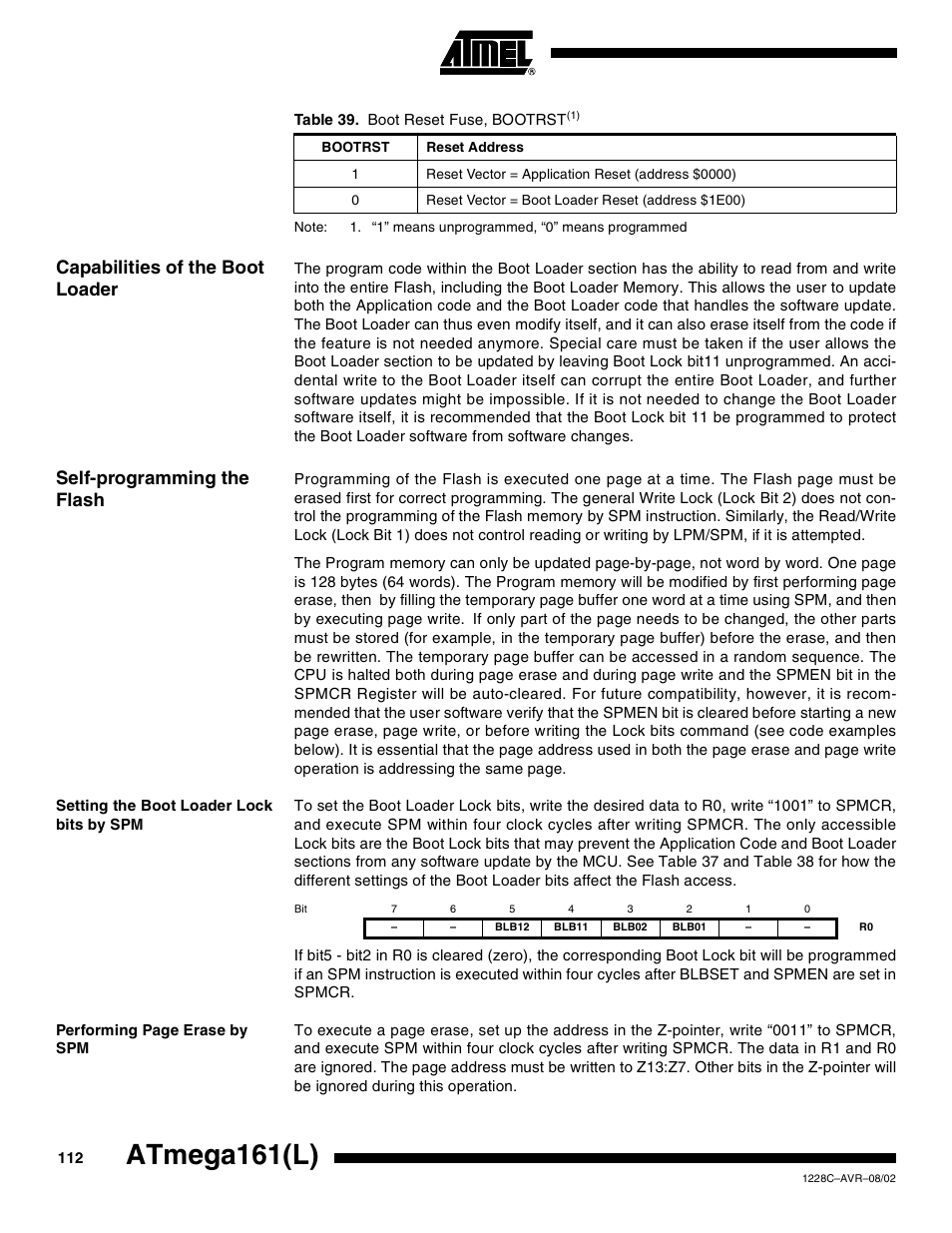 Capabilities of the boot loader, Self-programming the flash, Setting the boot loader lock bits by spm | Atmega161(l) | Rainbow Electronics ATmega161L User Manual | Page 112 / 159