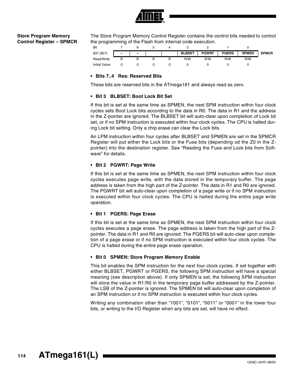 Store program memory control register – spmcr, Atmega161(l) | Rainbow Electronics ATmega161L User Manual | Page 114 / 159