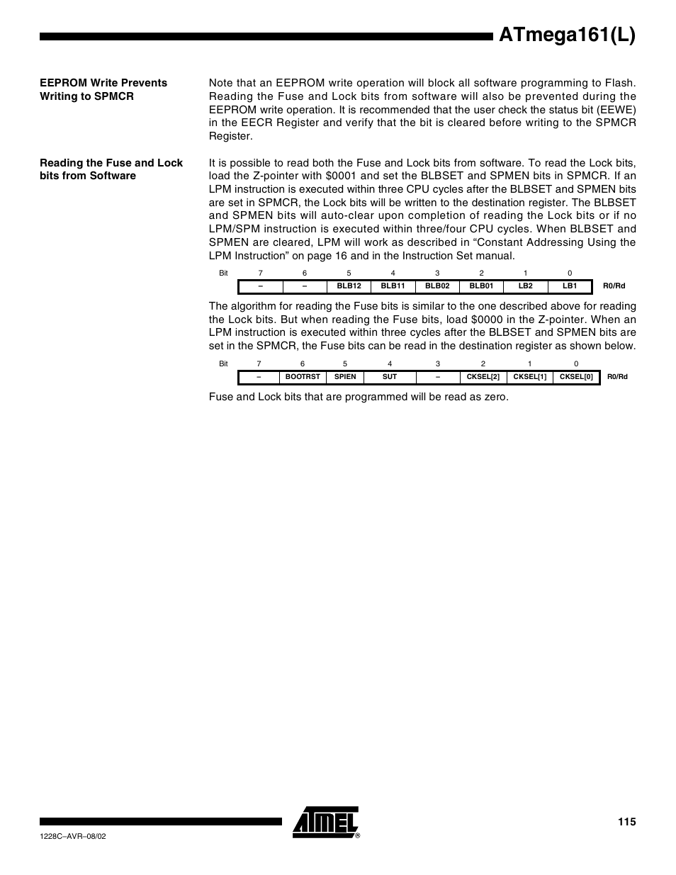 Eeprom write prevents writing to spmcr, Reading the fuse and lock bits from software, Atmega161(l) | Rainbow Electronics ATmega161L User Manual | Page 115 / 159
