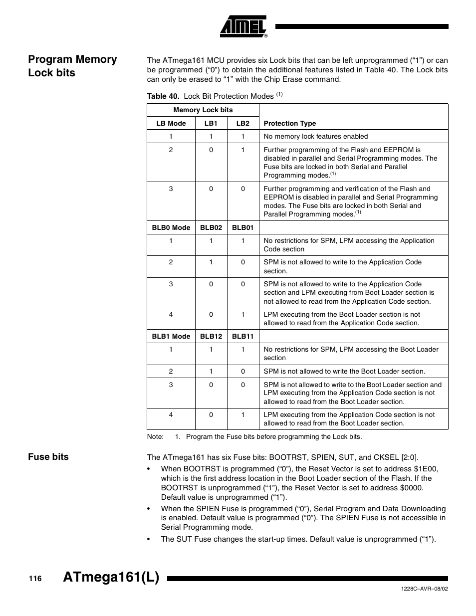 Program memory lock bits, Fuse bits, Atmega161(l) | Rainbow Electronics ATmega161L User Manual | Page 116 / 159