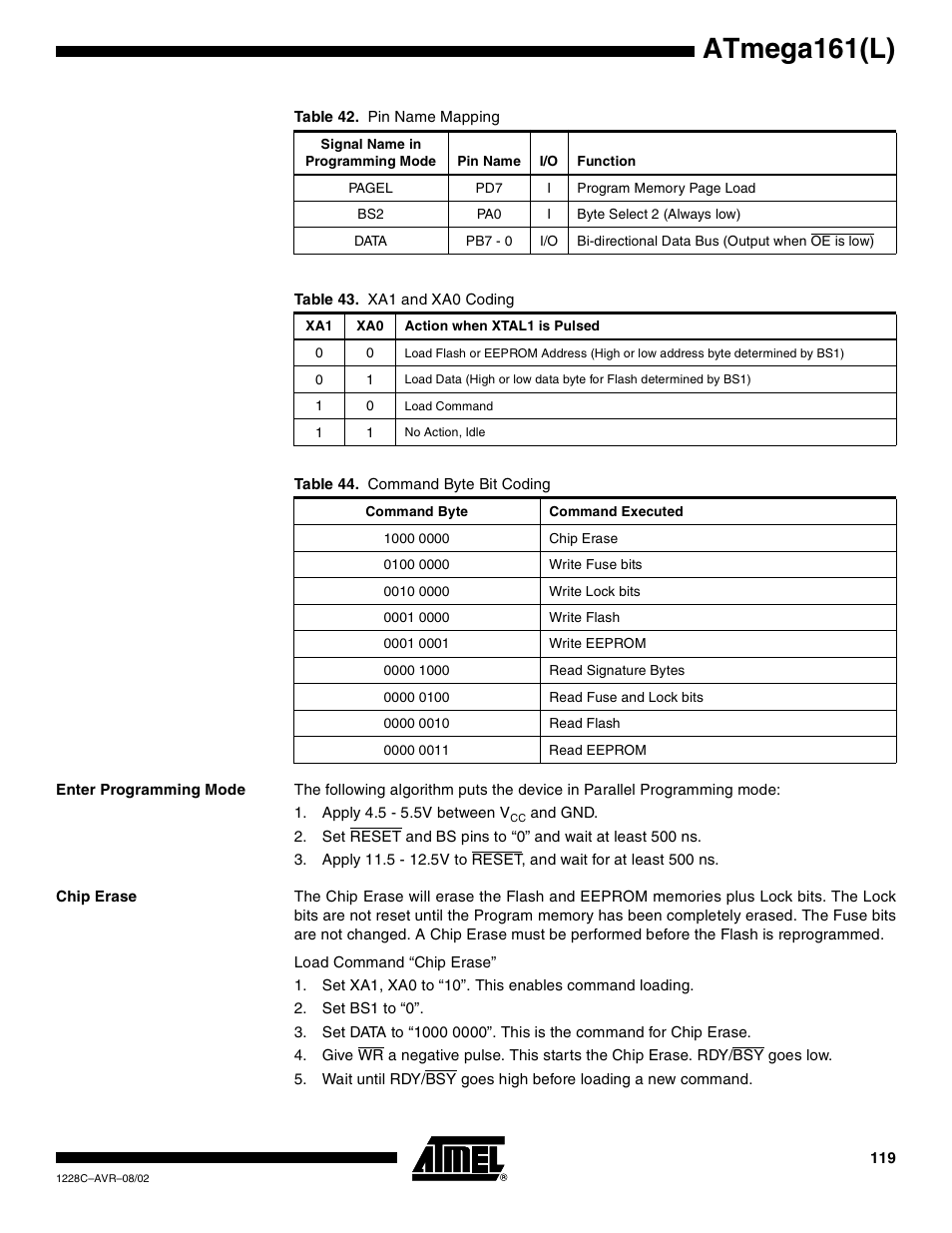 Enter programming mode, Chip erase, Atmega161(l) | Rainbow Electronics ATmega161L User Manual | Page 119 / 159