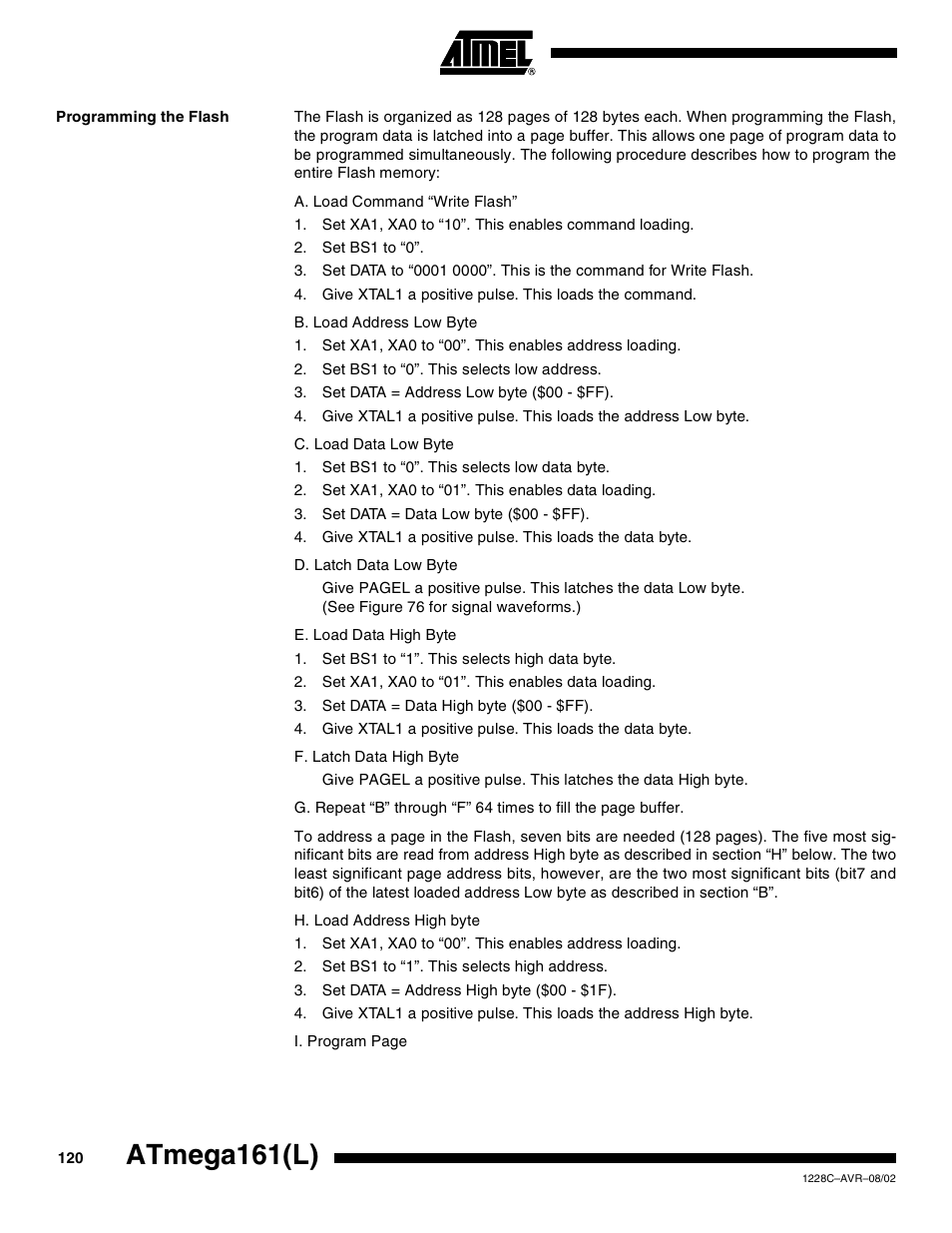 Programming the flash, Atmega161(l) | Rainbow Electronics ATmega161L User Manual | Page 120 / 159
