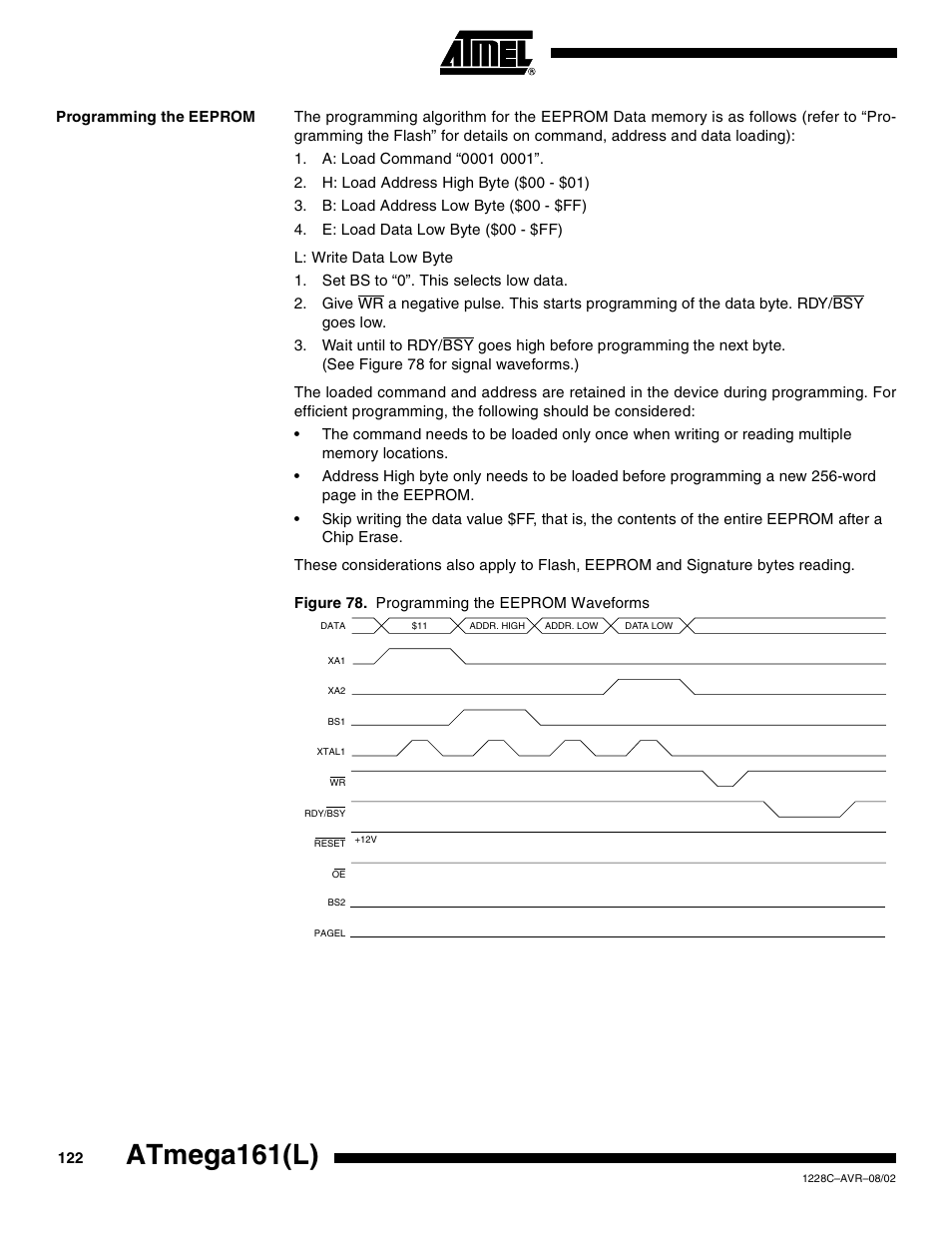 Programming the eeprom, Atmega161(l) | Rainbow Electronics ATmega161L User Manual | Page 122 / 159