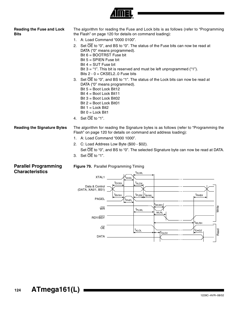 Reading the fuse and lock bits, Reading the signature bytes, Parallel programming characteristics | Atmega161(l) | Rainbow Electronics ATmega161L User Manual | Page 124 / 159