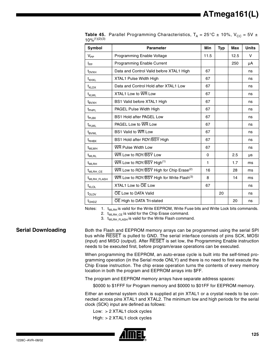 Serial downloading, Atmega161(l) | Rainbow Electronics ATmega161L User Manual | Page 125 / 159