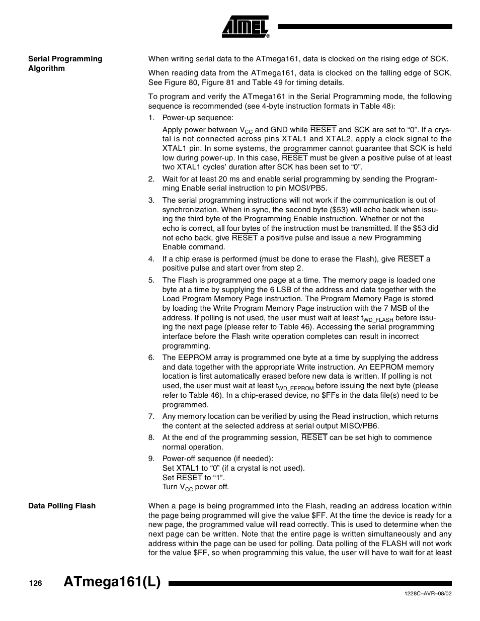 Serial programming algorithm, Data polling flash, Atmega161(l) | Rainbow Electronics ATmega161L User Manual | Page 126 / 159