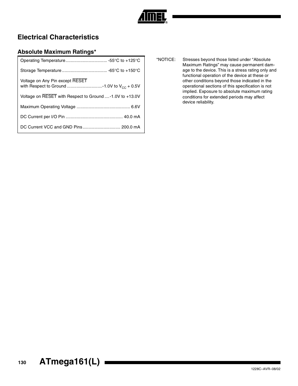 Electrical characteristics, Absolute maximum ratings, Atmega161(l) | Rainbow Electronics ATmega161L User Manual | Page 130 / 159