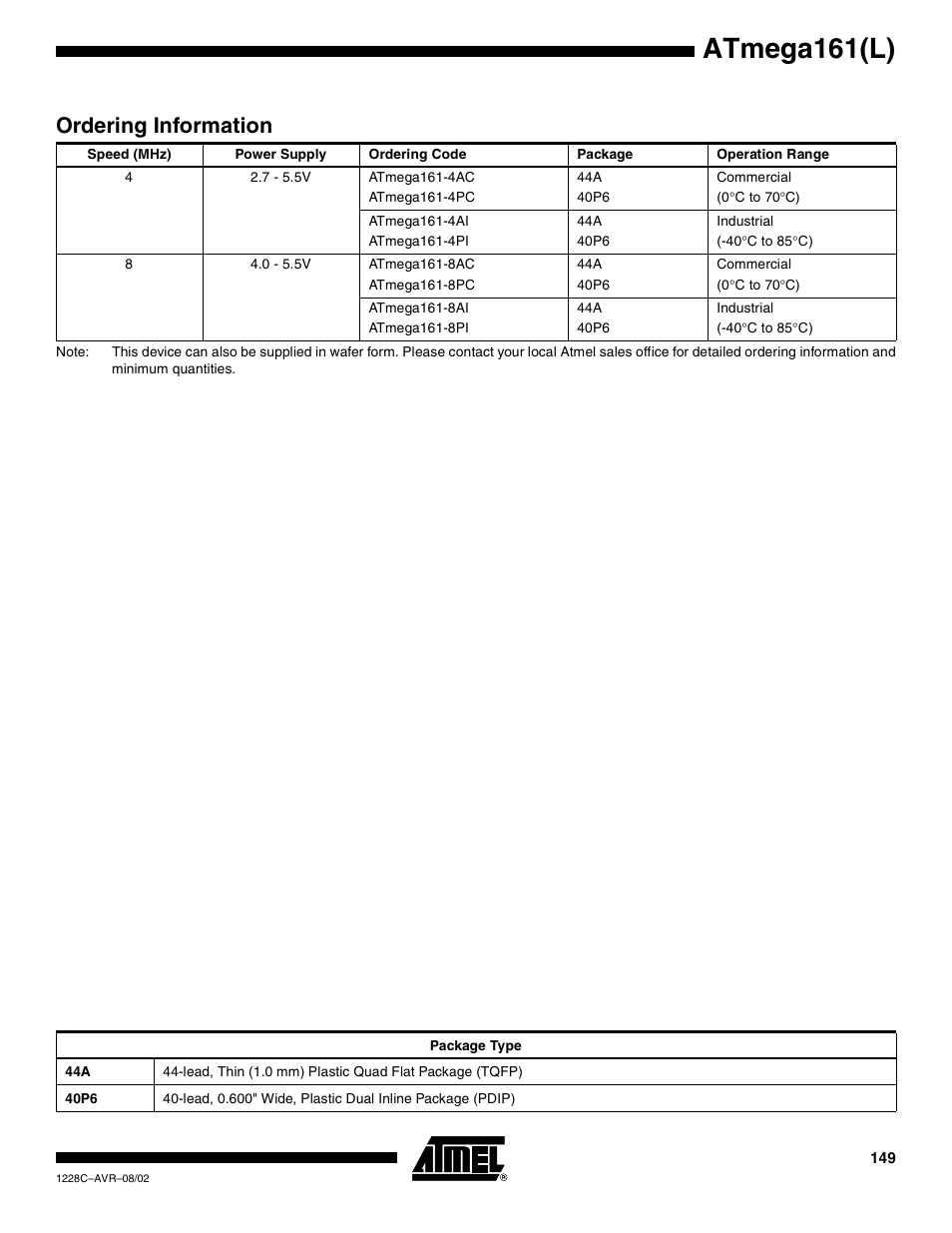 Ordering information, Atmega161(l) | Rainbow Electronics ATmega161L User Manual | Page 149 / 159