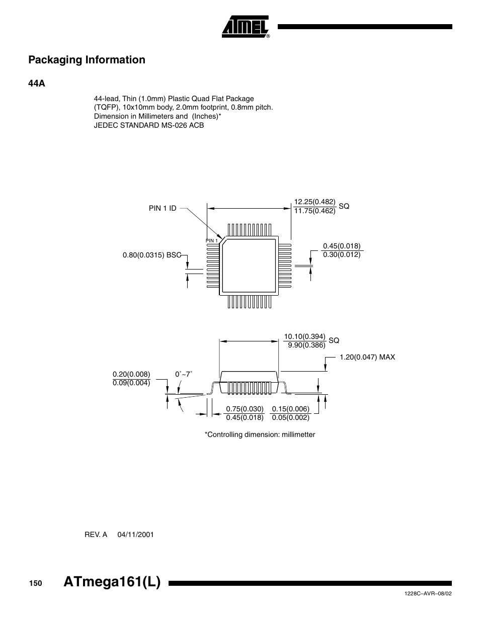 Packaging information, Atmega161(l) | Rainbow Electronics ATmega161L User Manual | Page 150 / 159