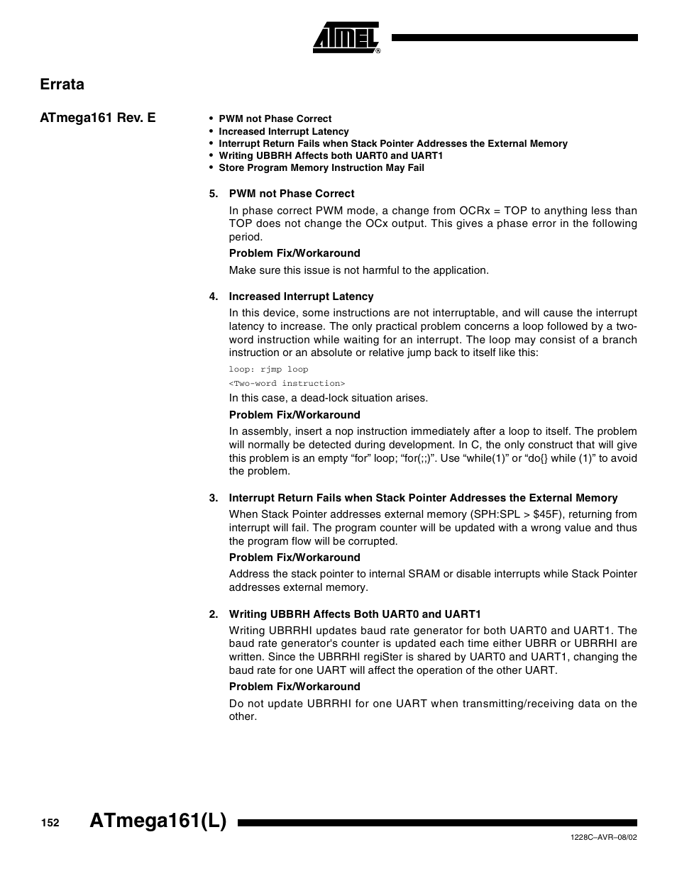 Errata, Atmega161 rev. e, Atmega161(l) | Rainbow Electronics ATmega161L User Manual | Page 152 / 159