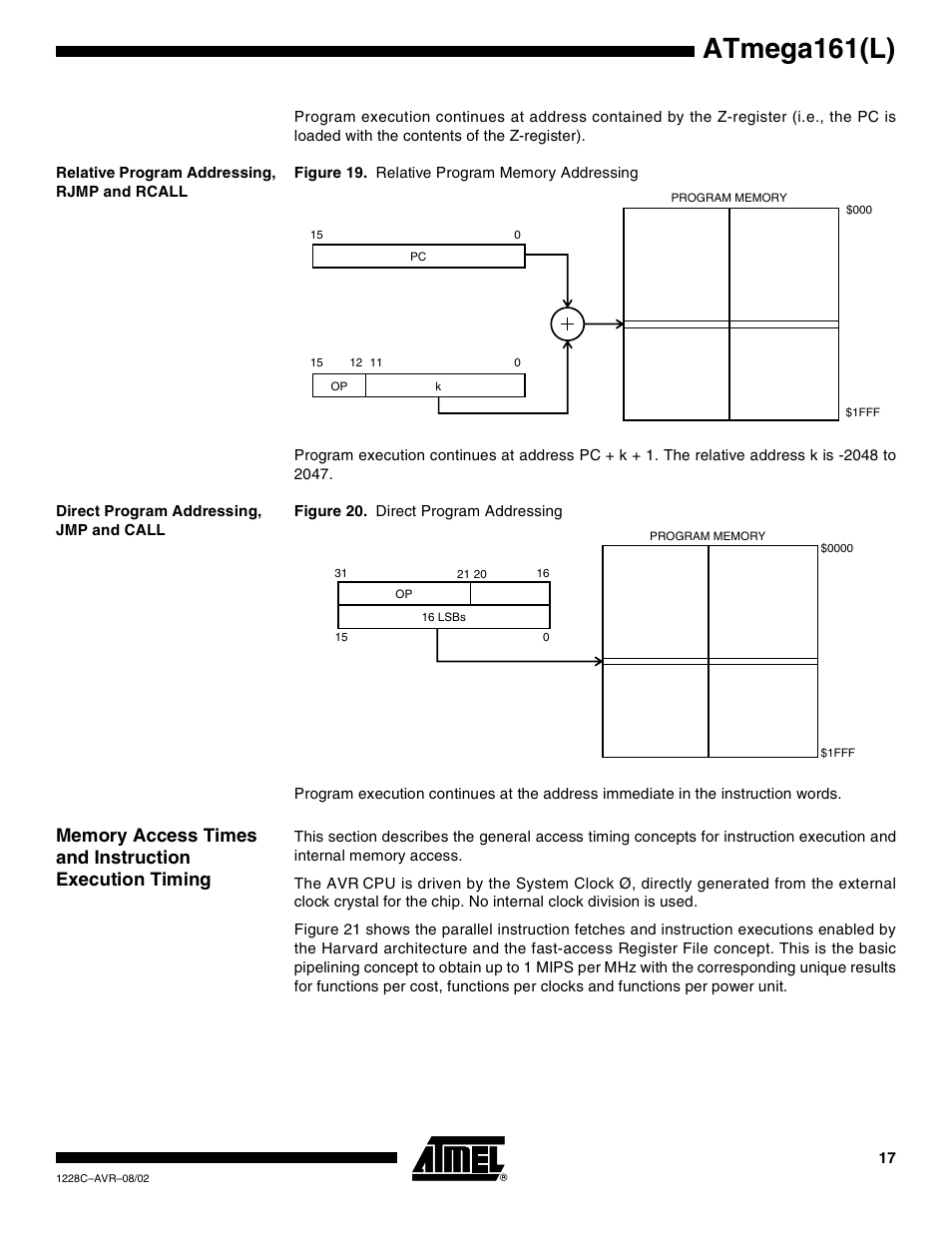 Relative program addressing, rjmp and rcall, Direct program addressing, jmp and call, Atmega161(l) | Rainbow Electronics ATmega161L User Manual | Page 17 / 159