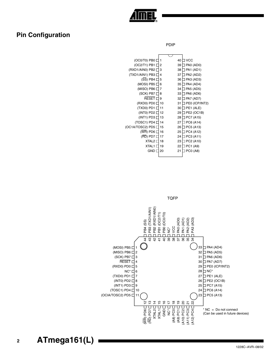 Pin configuration, Atmega161(l) | Rainbow Electronics ATmega161L User Manual | Page 2 / 159