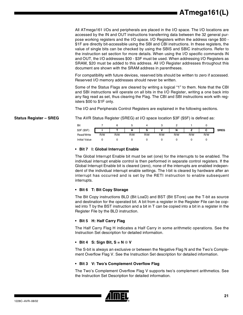 Status register – sreg, Atmega161(l) | Rainbow Electronics ATmega161L User Manual | Page 21 / 159