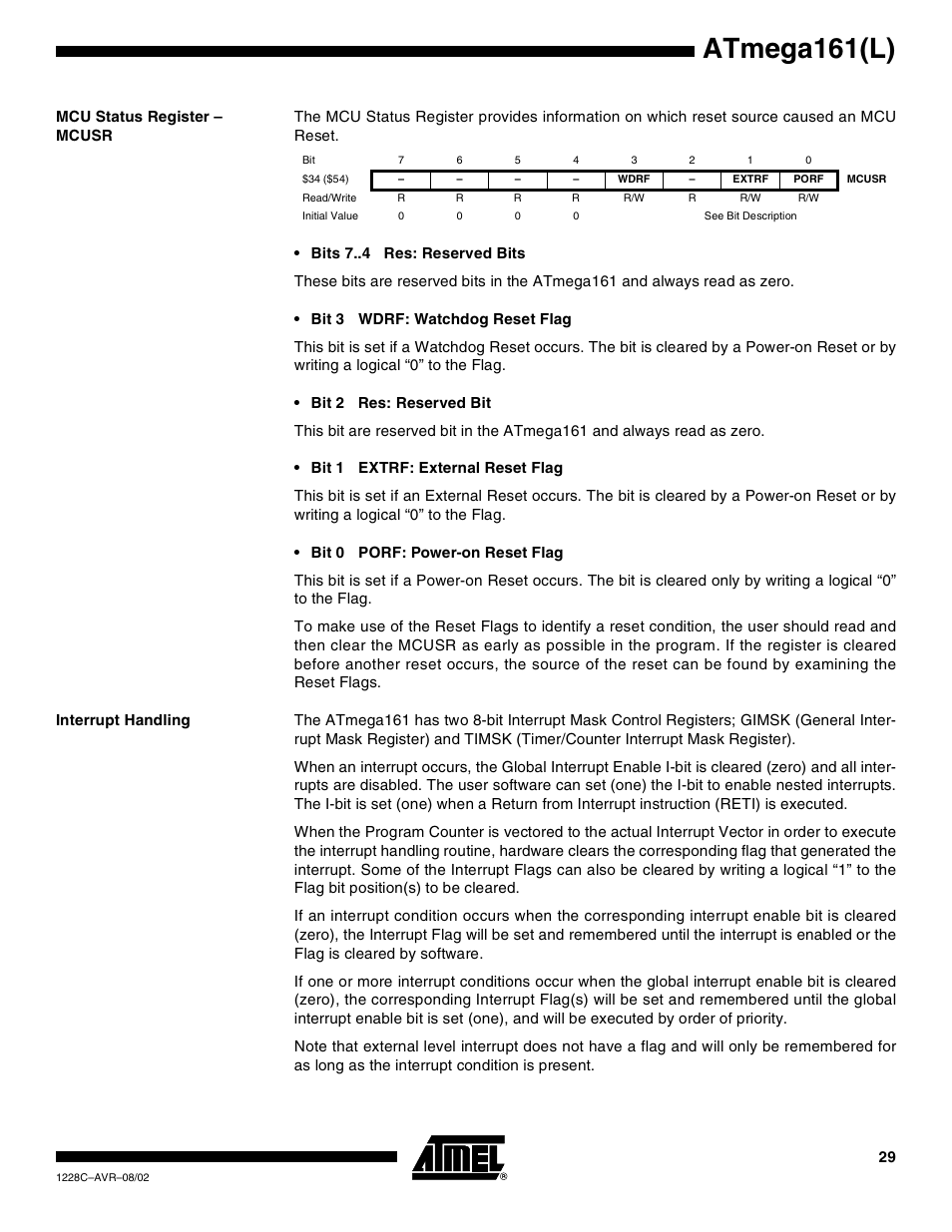 Mcu status register – mcusr, Interrupt handling, Atmega161(l) | Rainbow Electronics ATmega161L User Manual | Page 29 / 159