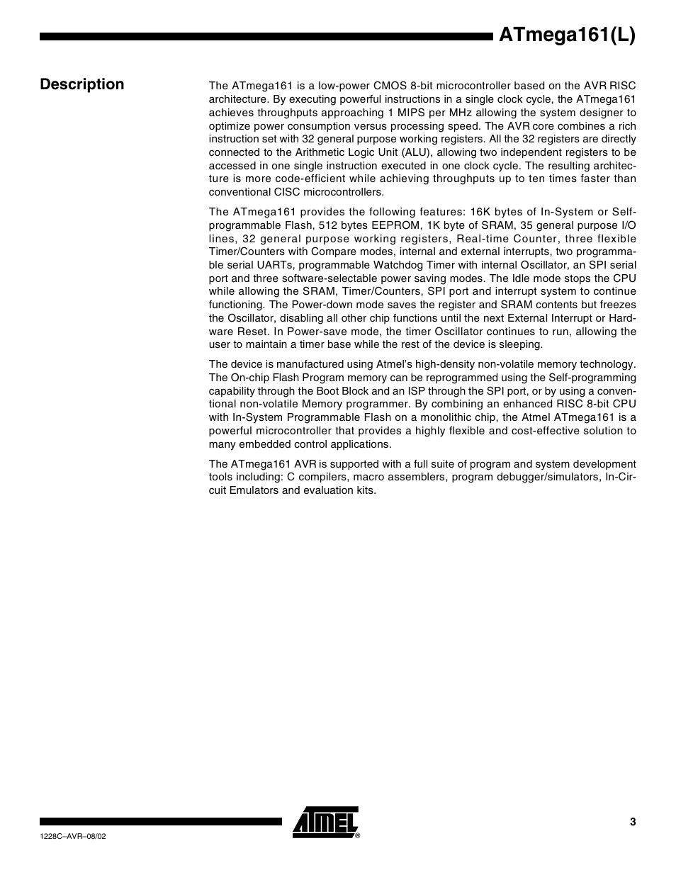 Description, Atmega161(l) | Rainbow Electronics ATmega161L User Manual | Page 3 / 159