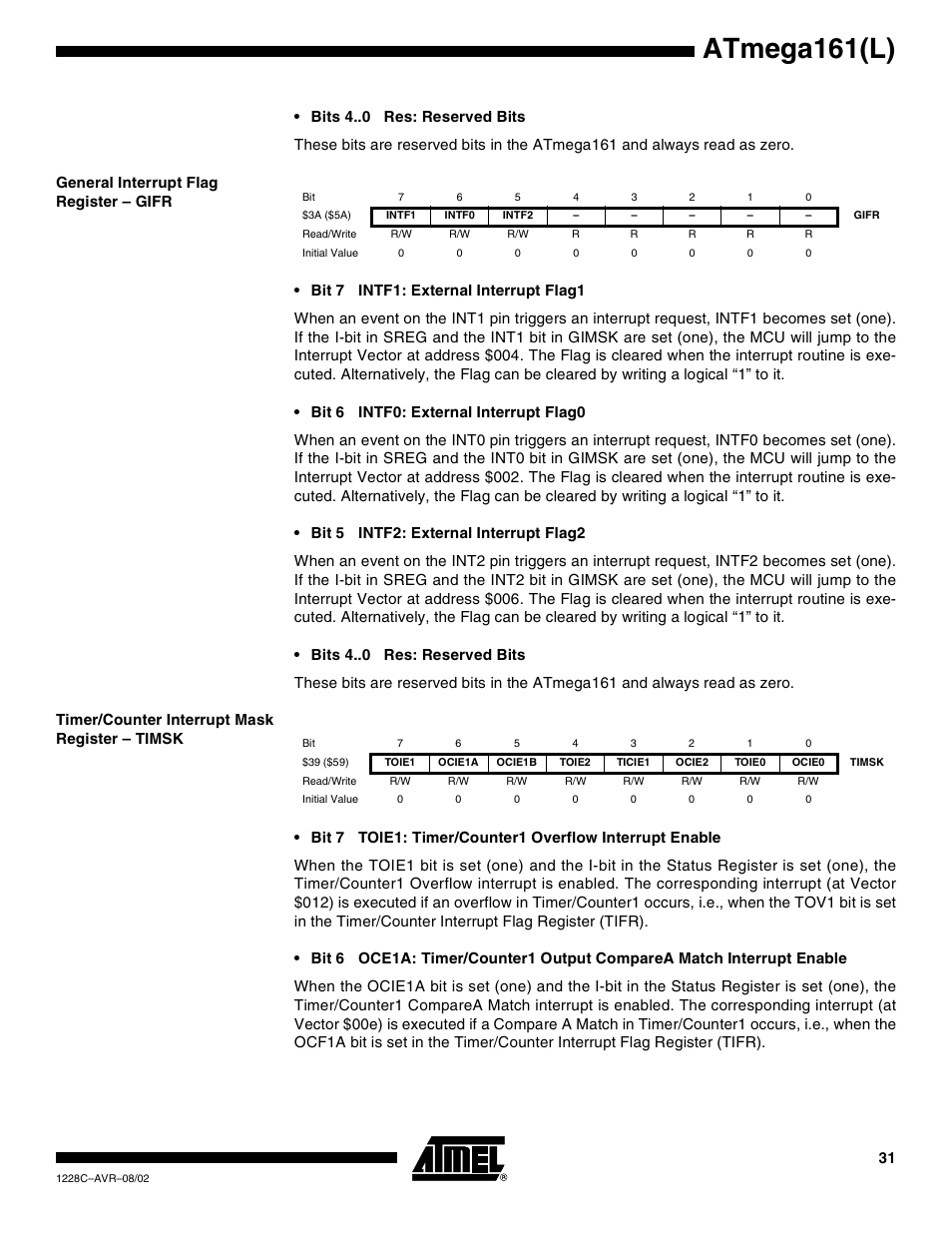 General interrupt flag register – gifr, Timer/counter interrupt mask register – timsk, Atmega161(l) | Bits 4 | Rainbow Electronics ATmega161L User Manual | Page 31 / 159