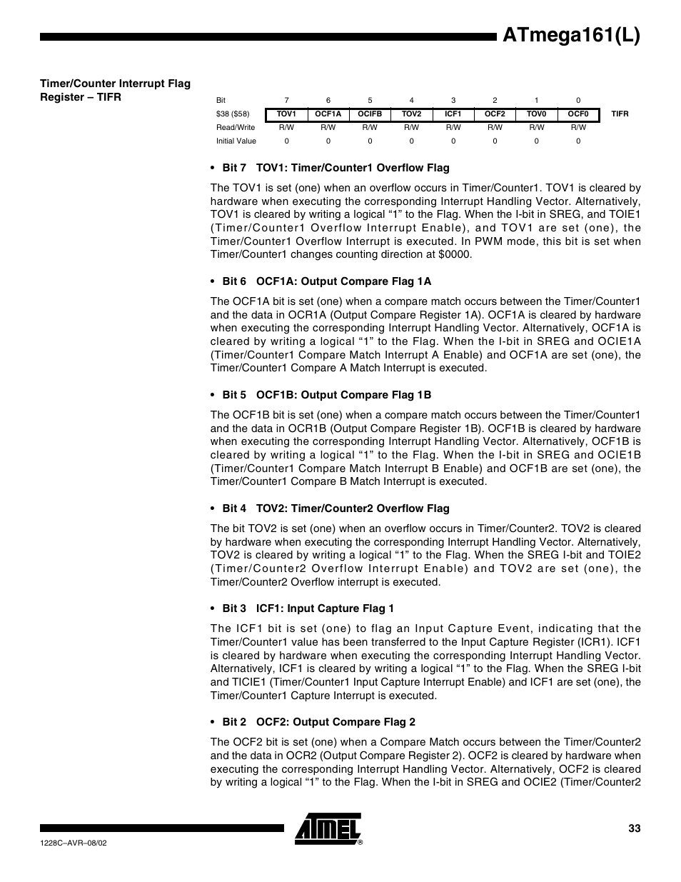 Timer/counter interrupt flag register – tifr, Atmega161(l) | Rainbow Electronics ATmega161L User Manual | Page 33 / 159