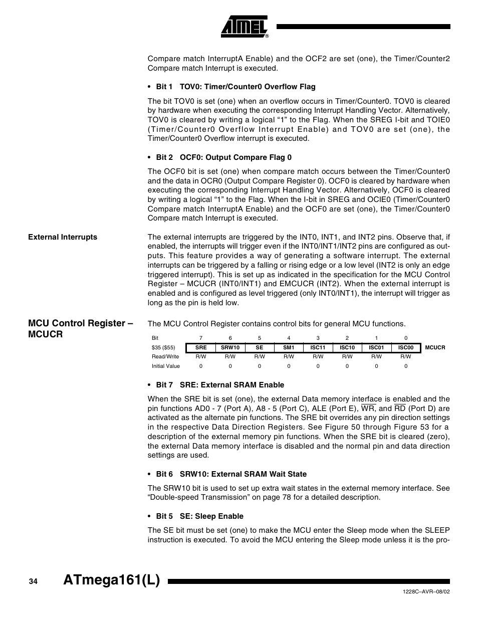 External interrupts, Mcu control register – mcucr, Atmega161(l) | Rainbow Electronics ATmega161L User Manual | Page 34 / 159
