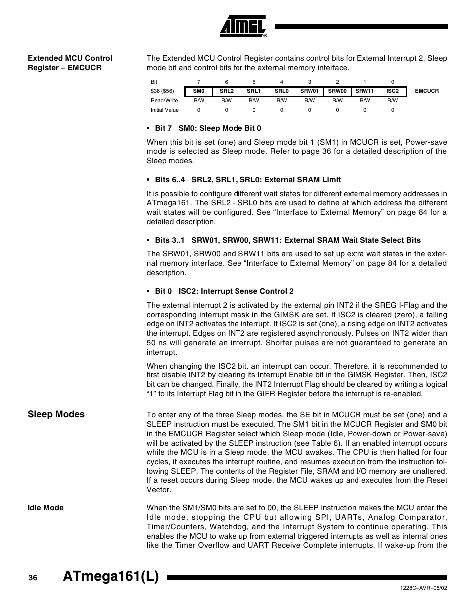 Extended mcu control register – emcucr, Sleep modes, Idle mode | Atmega161(l) | Rainbow Electronics ATmega161L User Manual | Page 36 / 159