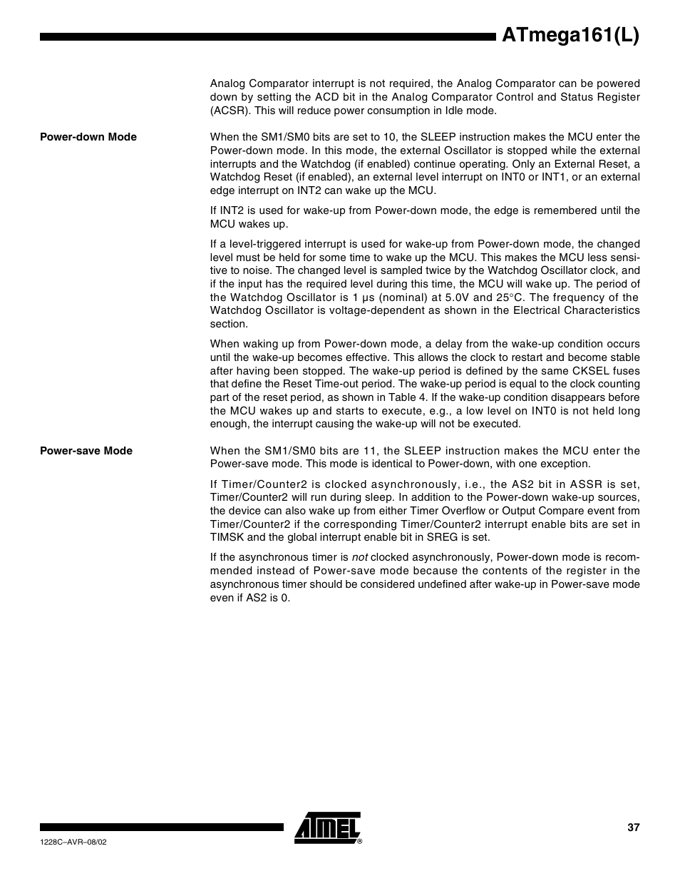 Power-down mode, Power-save mode, Atmega161(l) | Rainbow Electronics ATmega161L User Manual | Page 37 / 159