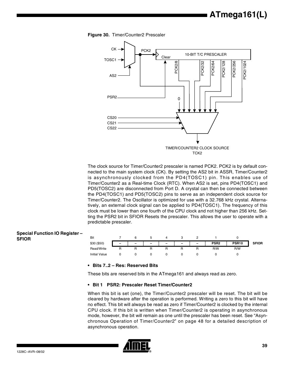 Special function io register – sfior, Atmega161(l) | Rainbow Electronics ATmega161L User Manual | Page 39 / 159