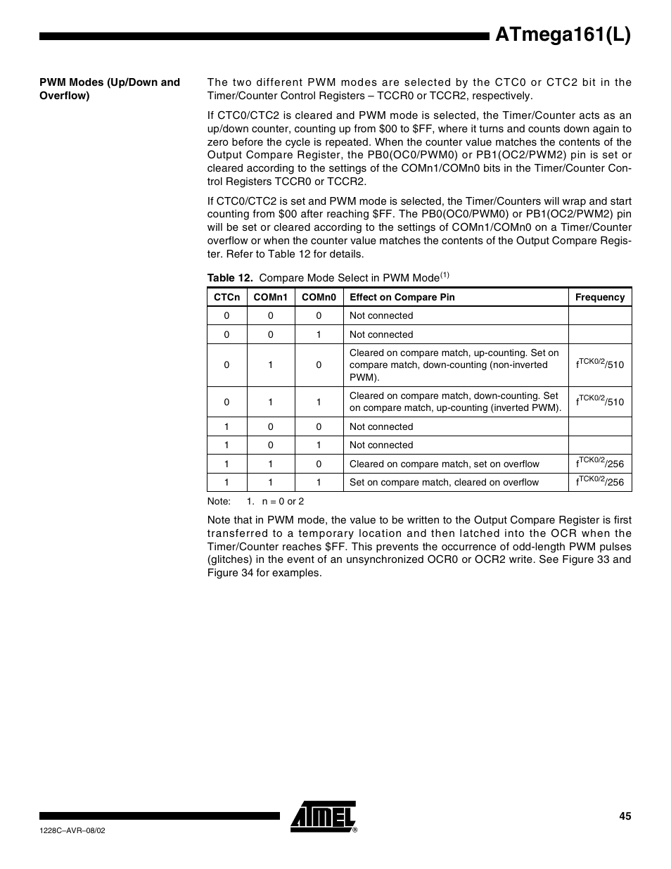 Pwm modes (up/down and overflow), Atmega161(l) | Rainbow Electronics ATmega161L User Manual | Page 45 / 159