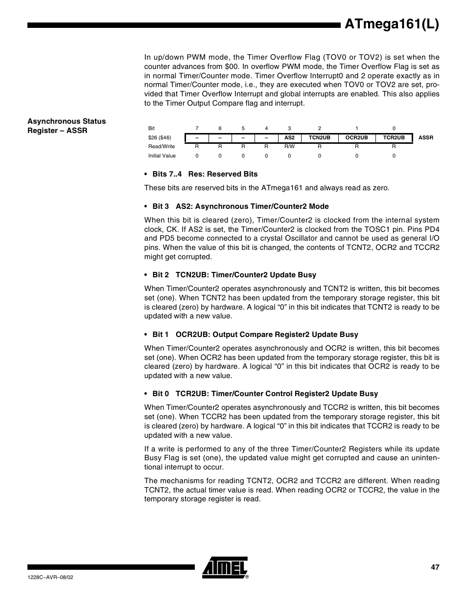 Asynchronous status register – assr, Atmega161(l) | Rainbow Electronics ATmega161L User Manual | Page 47 / 159