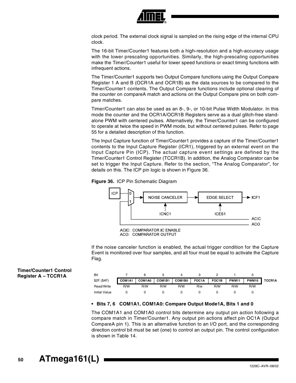 Timer/counter1 control register a – tccr1a, Atmega161(l) | Rainbow Electronics ATmega161L User Manual | Page 50 / 159
