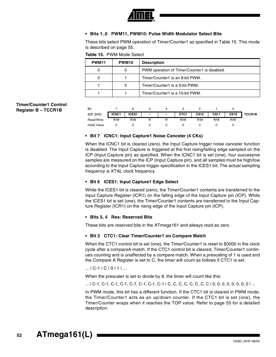 Timer/counter1 control register b – tccr1b, Atmega161(l) | Rainbow Electronics ATmega161L User Manual | Page 52 / 159