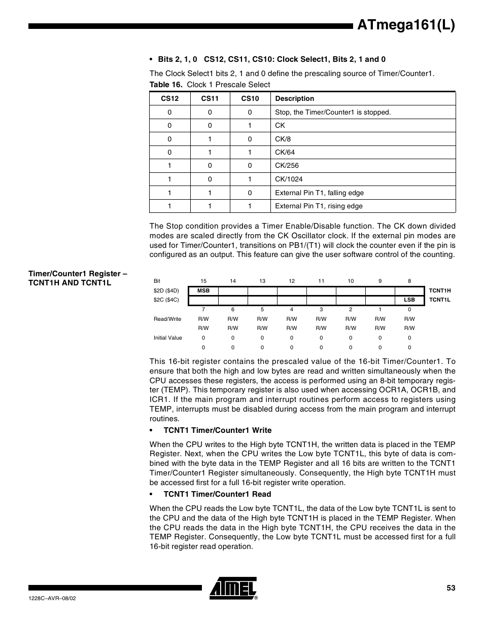 Timer/counter1 register – tcnt1h and tcnt1l, Atmega161(l) | Rainbow Electronics ATmega161L User Manual | Page 53 / 159