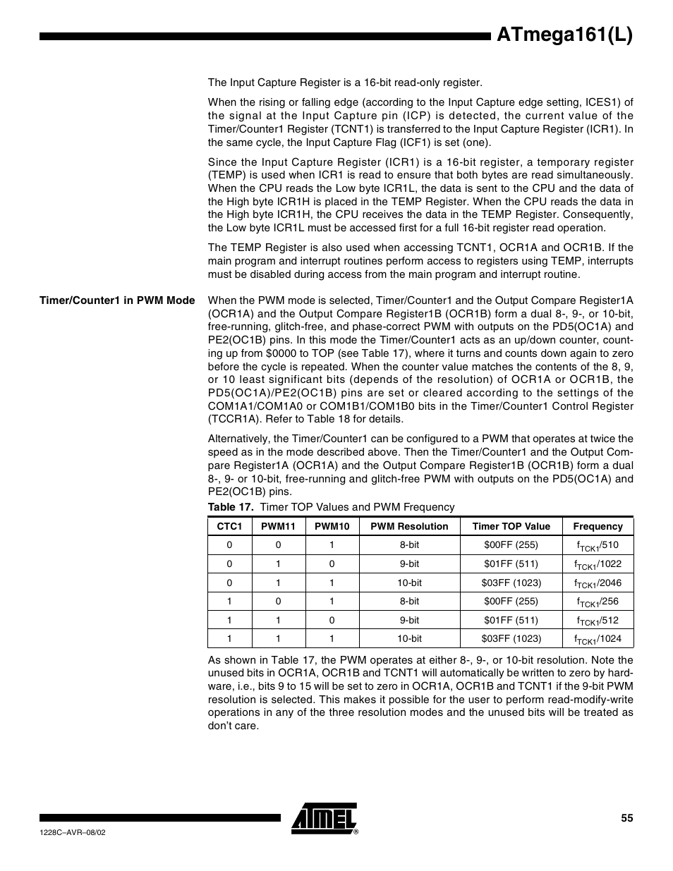 Timer/counter1 in pwm mode, Atmega161(l) | Rainbow Electronics ATmega161L User Manual | Page 55 / 159