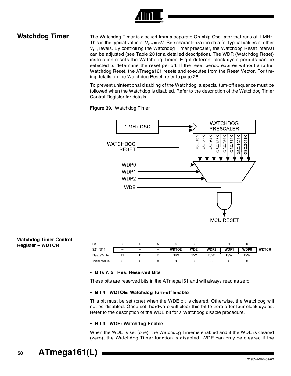 Watchdog timer, Watchdog timer control register – wdtcr, Atmega161(l) | Rainbow Electronics ATmega161L User Manual | Page 58 / 159