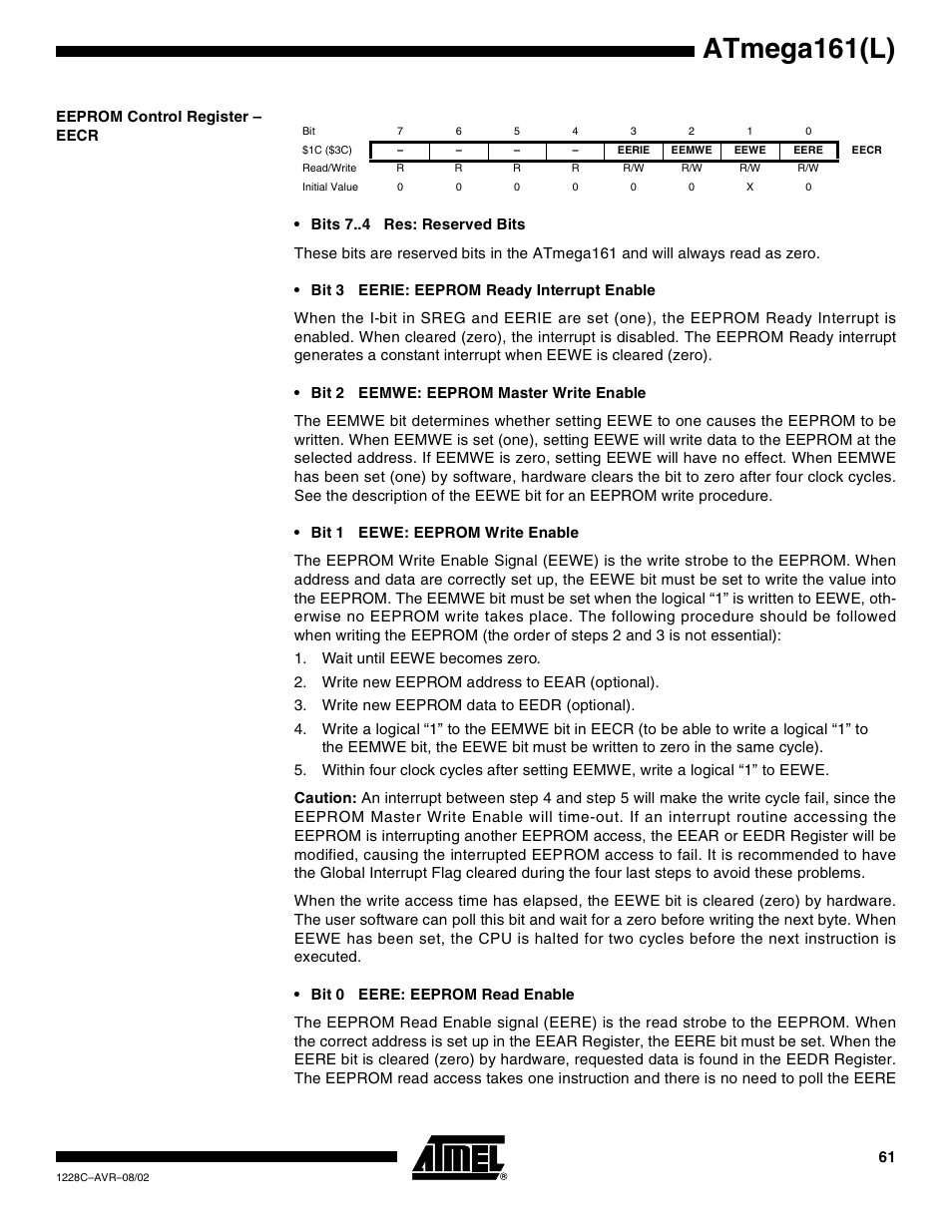 Eeprom control register – eecr, Atmega161(l) | Rainbow Electronics ATmega161L User Manual | Page 61 / 159