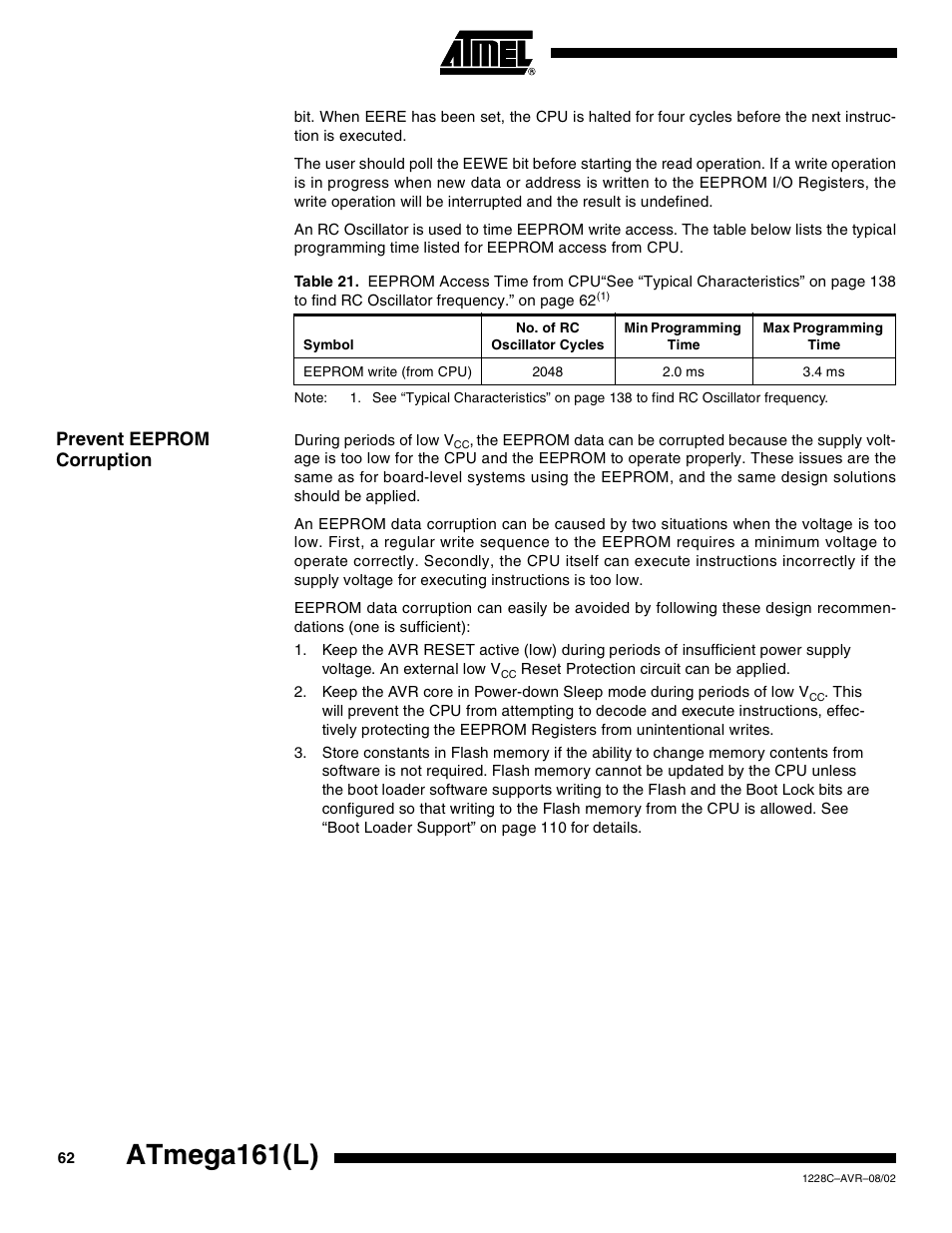 Prevent eeprom corruption, Atmega161(l) | Rainbow Electronics ATmega161L User Manual | Page 62 / 159