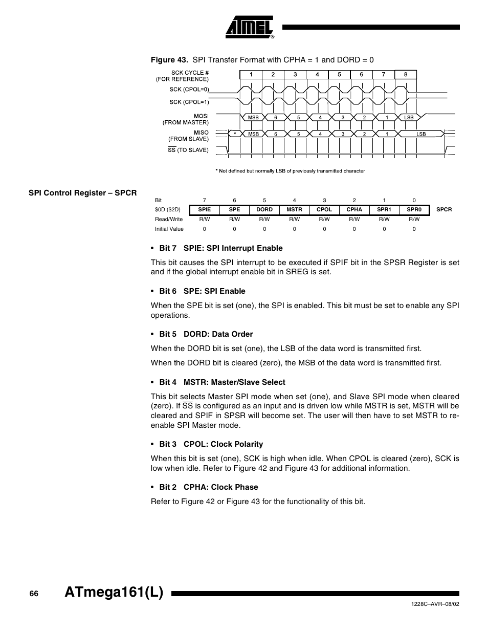 Spi control register – spcr, Atmega161(l) | Rainbow Electronics ATmega161L User Manual | Page 66 / 159