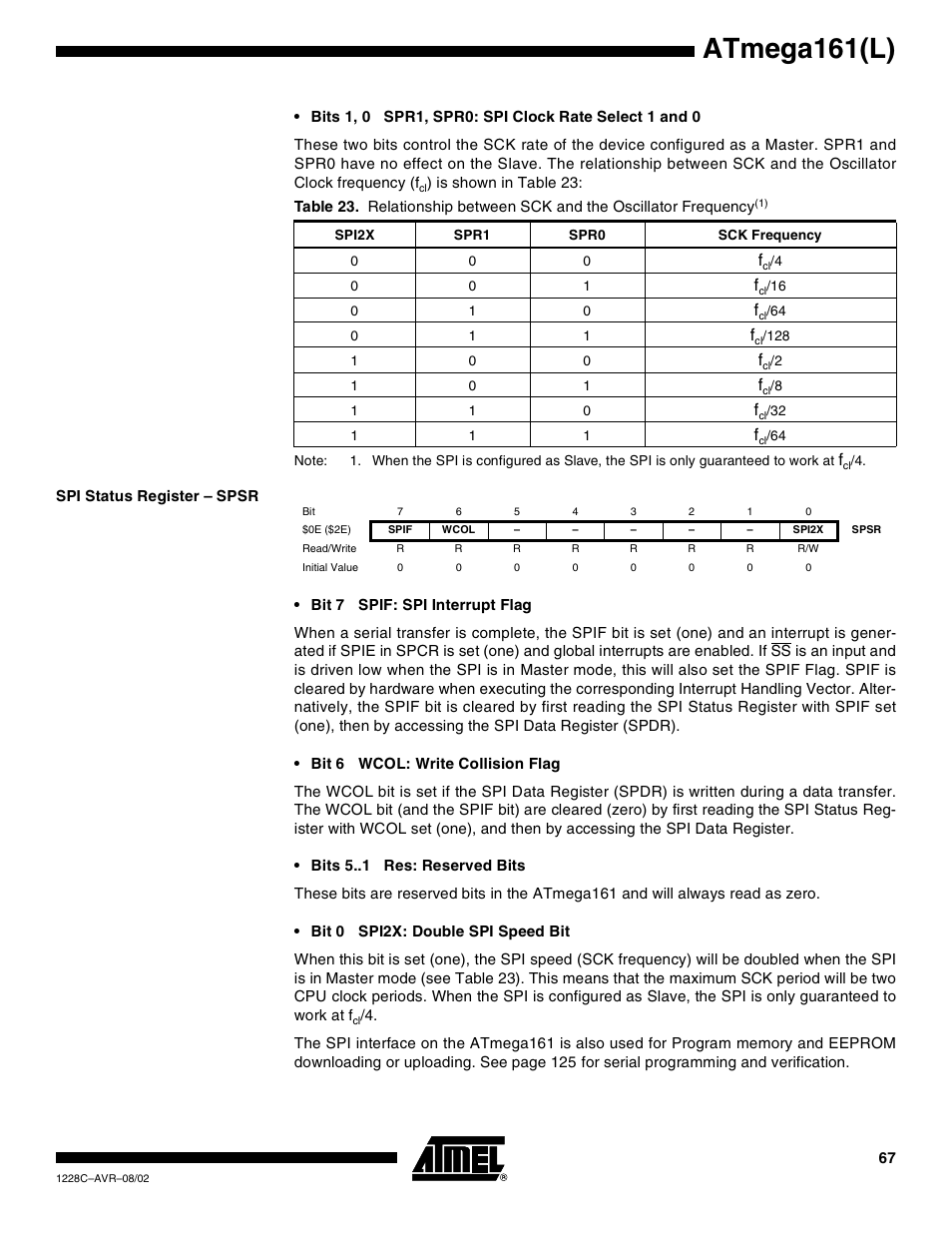 Spi status register – spsr, Atmega161(l) | Rainbow Electronics ATmega161L User Manual | Page 67 / 159