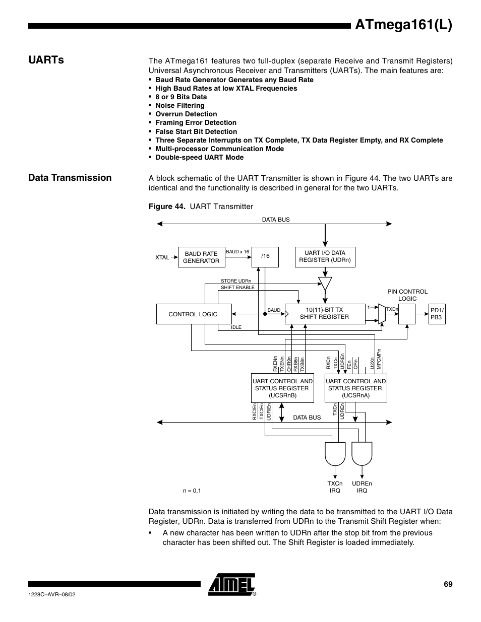 Uarts, Data transmission, Atmega161(l) | Rainbow Electronics ATmega161L User Manual | Page 69 / 159