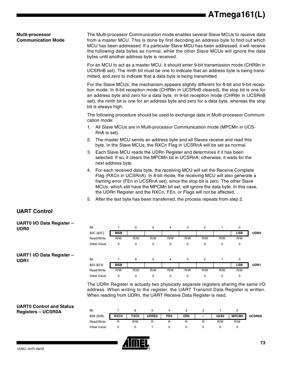 Multi-processor communication mode, Uart control, Uart0 i/o data register – udr0 | Uart1 i/o data register – udr1, Uart0 control and status registers – ucsr0a, Atmega161(l) | Rainbow Electronics ATmega161L User Manual | Page 73 / 159