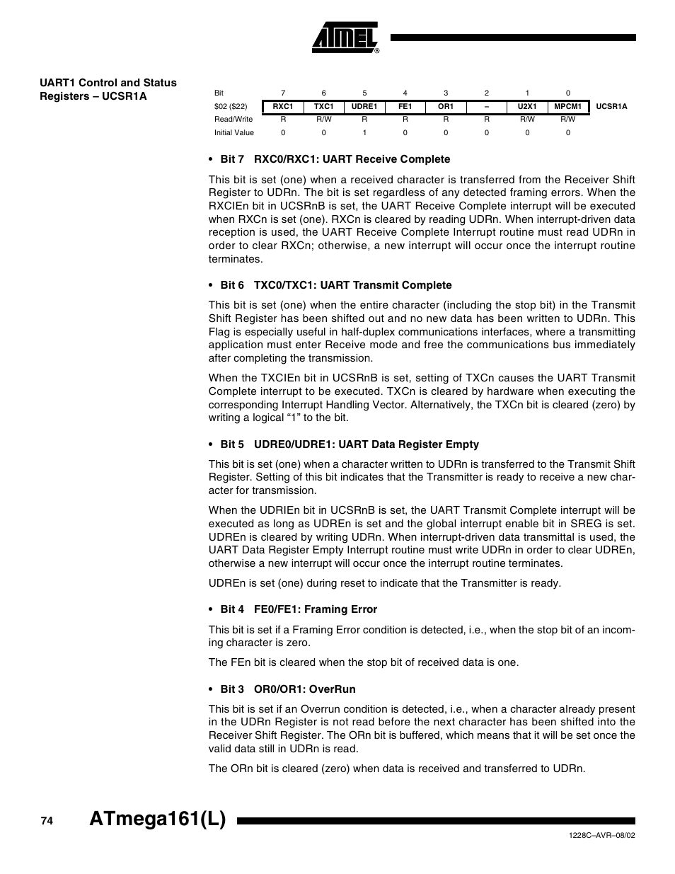 Uart1 control and status registers – ucsr1a, Atmega161(l) | Rainbow Electronics ATmega161L User Manual | Page 74 / 159