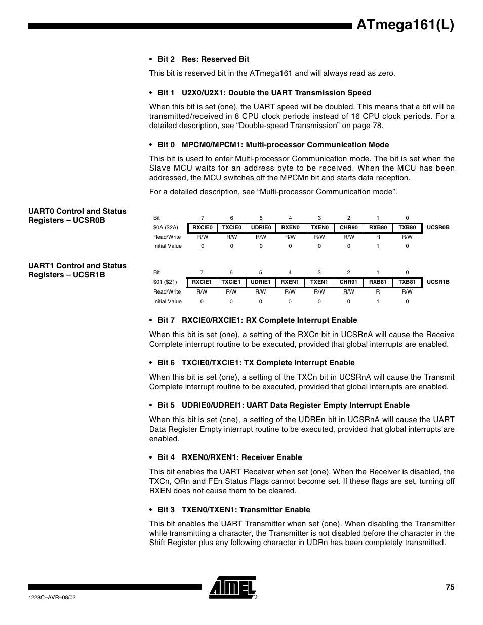 Uart0 control and status registers – ucsr0b, Uart1 control and status registers – ucsr1b, Atmega161(l) | Bit 2 | Rainbow Electronics ATmega161L User Manual | Page 75 / 159