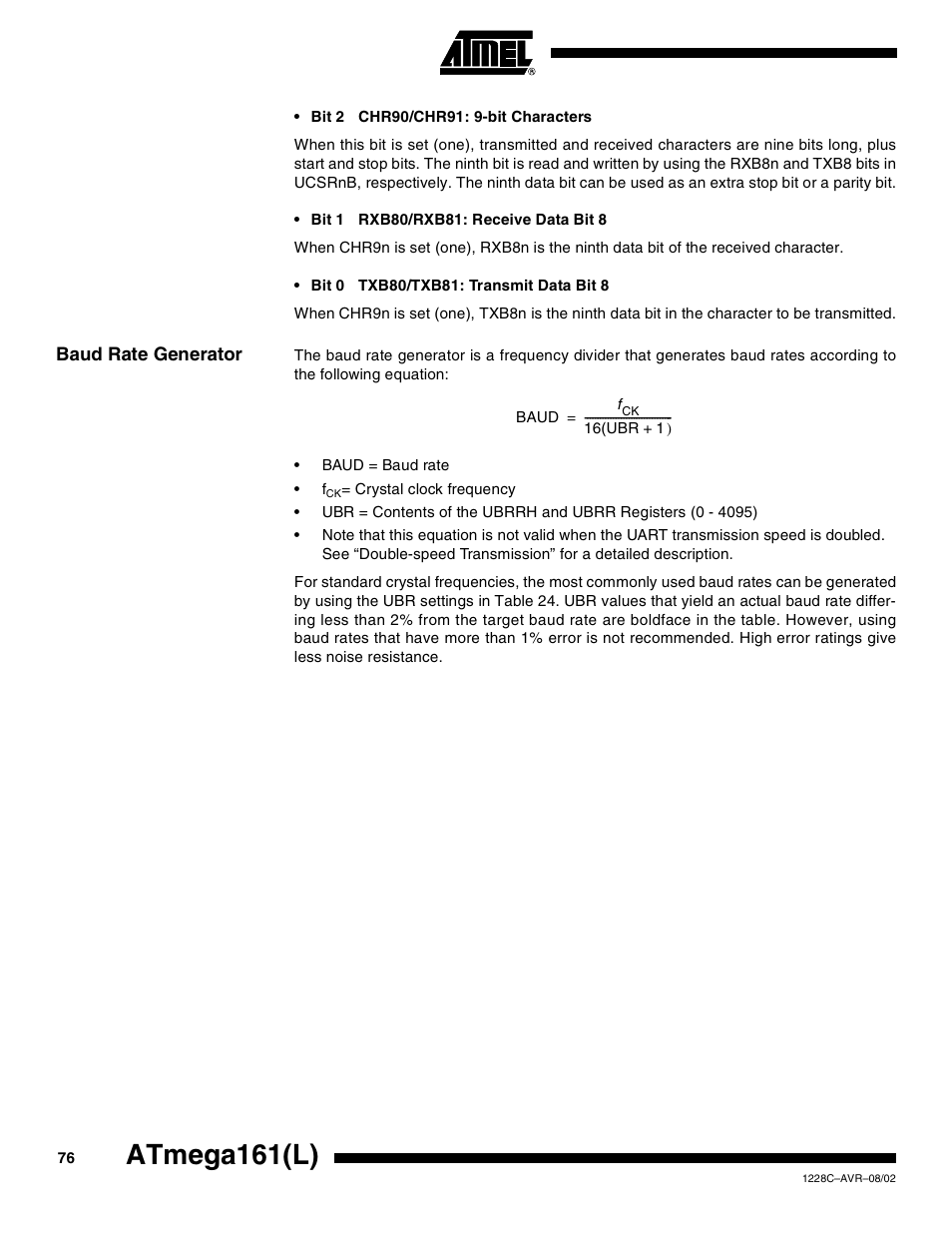 Baud rate generator, Atmega161(l) | Rainbow Electronics ATmega161L User Manual | Page 76 / 159