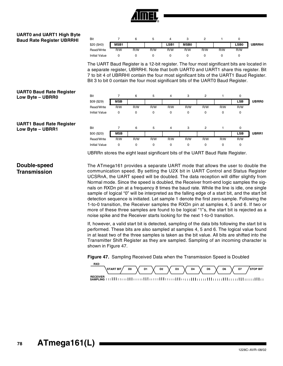 Uart0 baud rate register low byte – ubrr0, Uart1 baud rate register low byte – ubrr1, Double-speed transmission | Atmega161(l) | Rainbow Electronics ATmega161L User Manual | Page 78 / 159