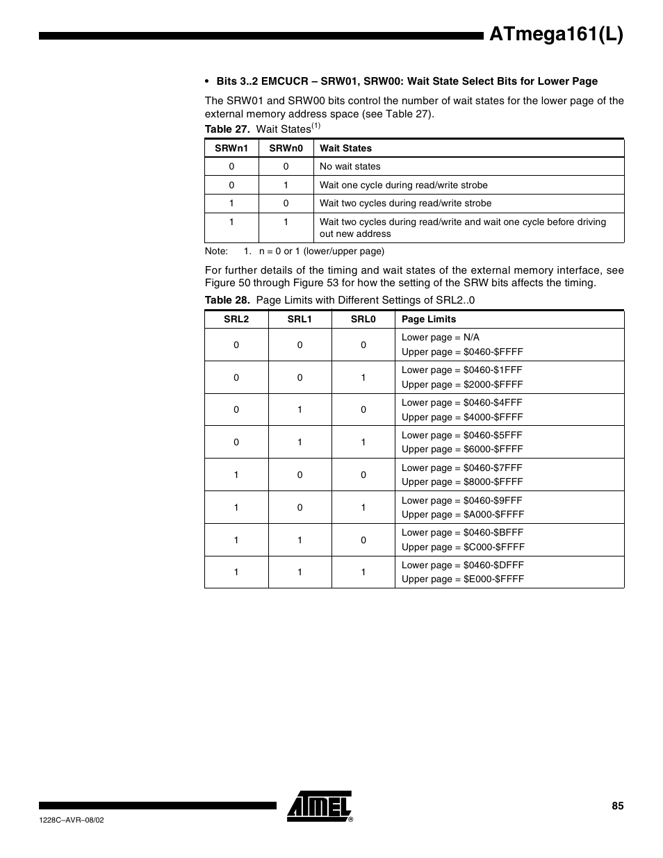 Atmega161(l) | Rainbow Electronics ATmega161L User Manual | Page 85 / 159