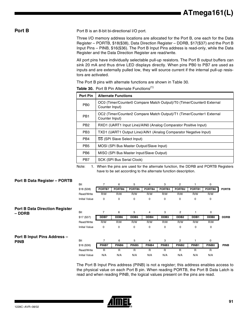 Port b, Port b data register – portb, Port b data direction register – ddrb | Port b input pins address – pinb, Atmega161(l) | Rainbow Electronics ATmega161L User Manual | Page 91 / 159