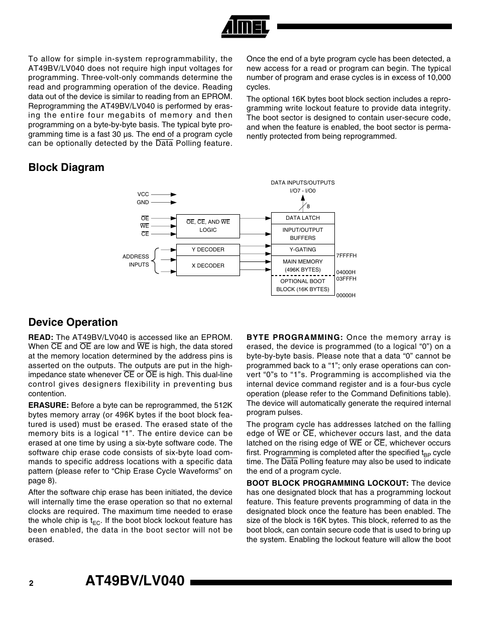 Block diagram, Device operation, Block diagram device operation | Rainbow Electronics AT49LV040 User Manual | Page 2 / 13