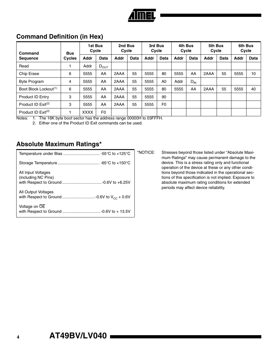 Command definition (in hex), Absolute maximum ratings | Rainbow Electronics AT49LV040 User Manual | Page 4 / 13
