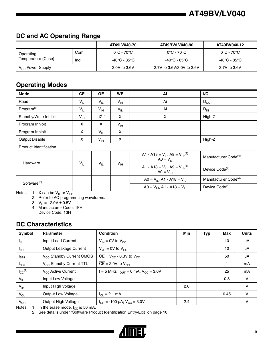 Dc and ac operating range, Operating modes, Dc characteristics | Rainbow Electronics AT49LV040 User Manual | Page 5 / 13