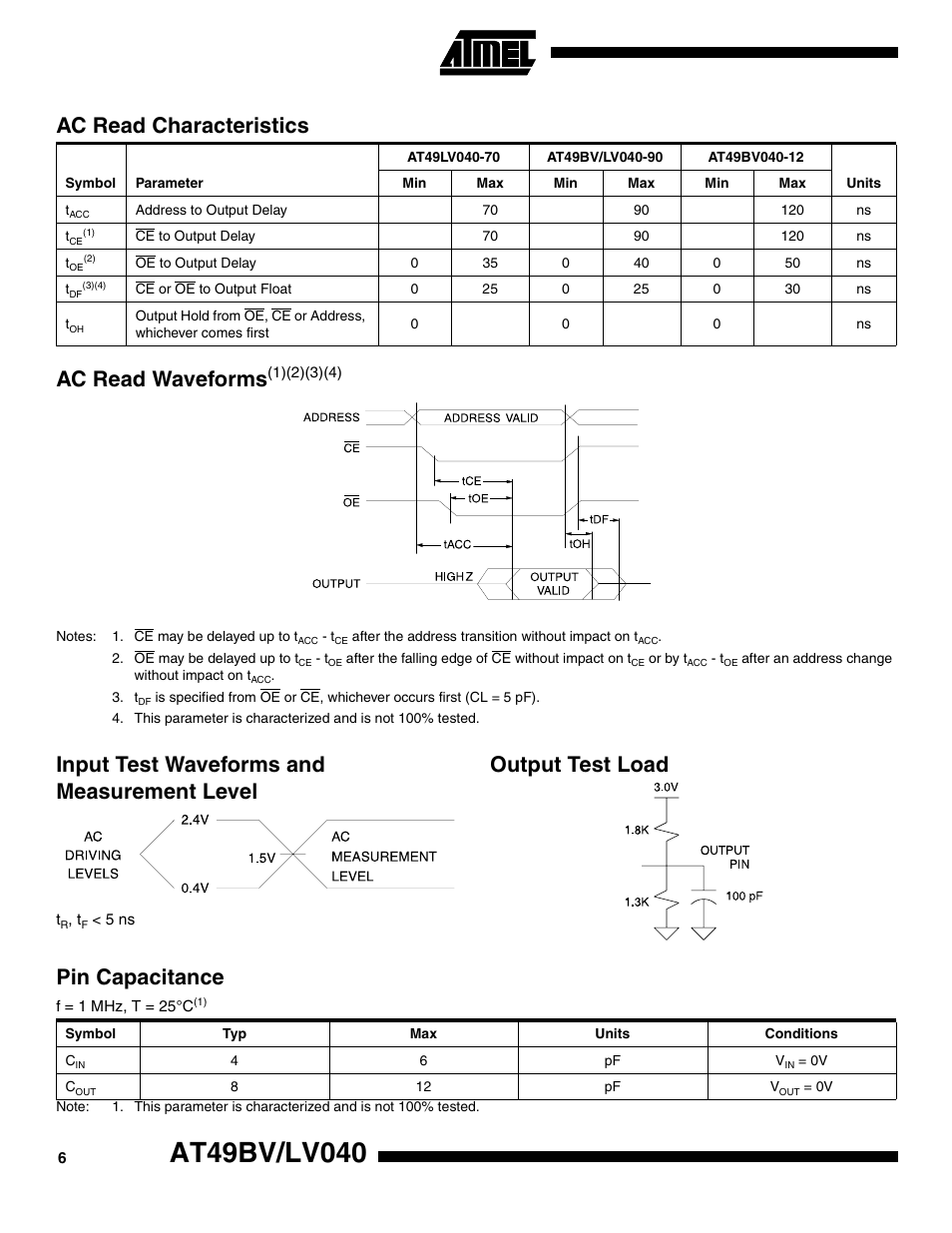 Ac read characteristics, Ac read waveforms(1)(2)(3)(4), Input test waveforms and measurement level | Output test load, Pin capacitance, Ac read waveform s | Rainbow Electronics AT49LV040 User Manual | Page 6 / 13
