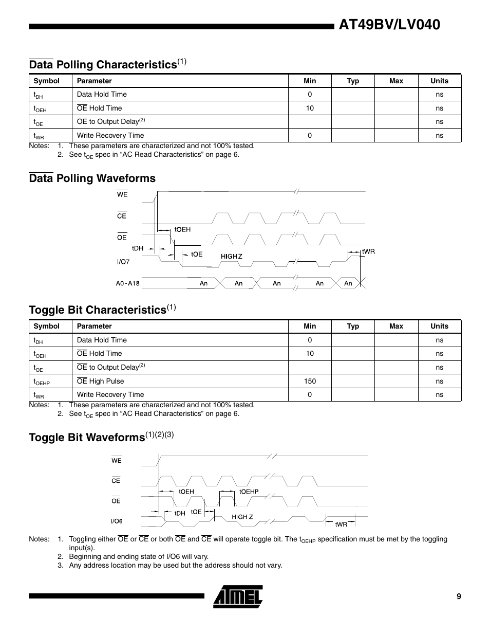 Data polling characteristics(1), Data polling waveforms, Toggle bit characteristics(1) | Toggle bit waveforms(1)(2)(3), Toggle bit waveforms, Data polling characteristi cs, Toggle bit characteristic s | Rainbow Electronics AT49LV040 User Manual | Page 9 / 13