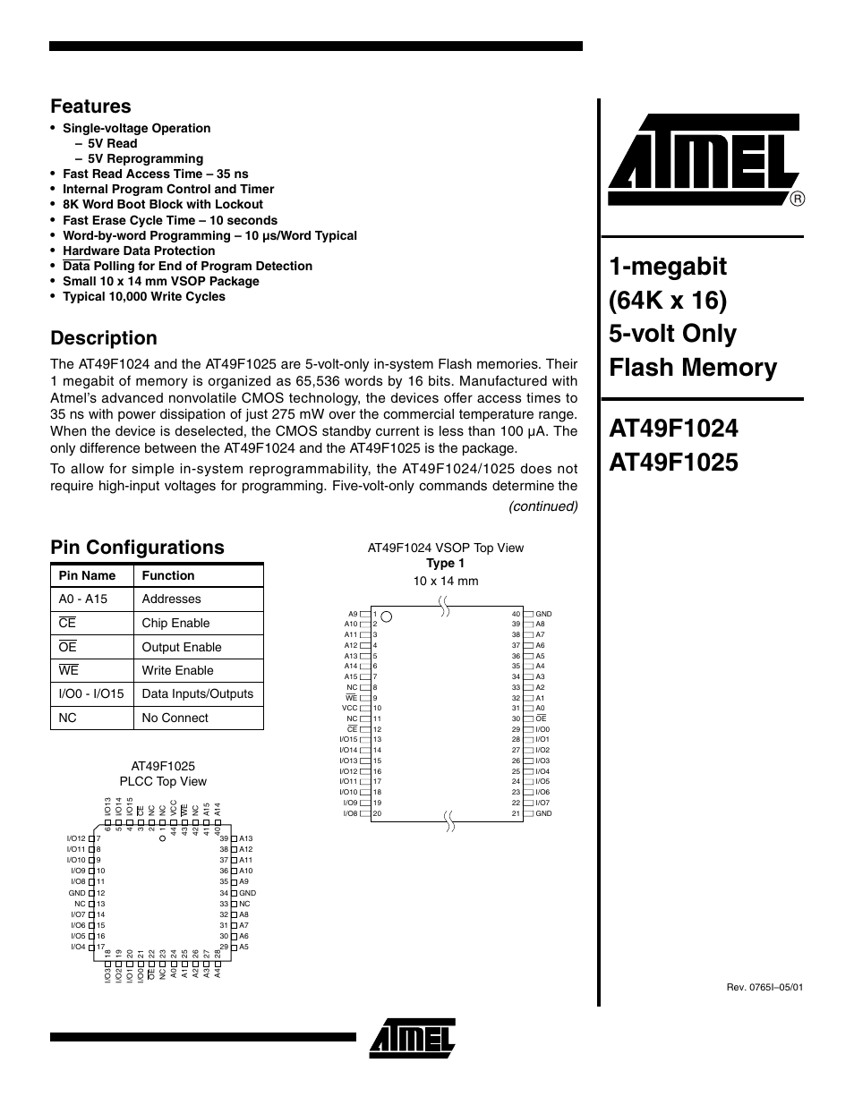 Rainbow Electronics AT49F1025 User Manual | 15 pages